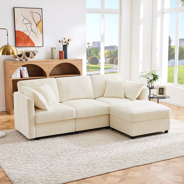 3-4-Sitzer Ecksofa B 218 x T 156,5 x H 86 cm aus Chenille mit verstellbaren Armlehnen und Hocker