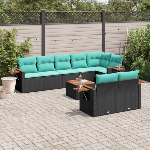 vidaXL 9-tlg. Garten-Sofagarnitur mit Kissen Schwarz Poly Rattan 3226995