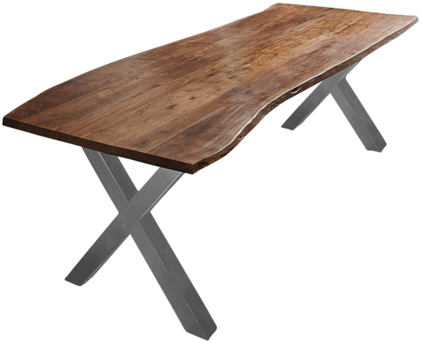 Esstisch Baumkante massiv Akazie nussbaum 240 x 100 X-Gestell silber XAVER 70295786