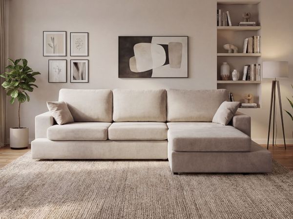 GRAINGOLD Ecksofa Nesto, Couch L-Form fürs Wohnzimmer, Modern Stil, Chenille-Stoff, Beige, Rechts