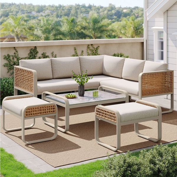 Merax Gartenlounge-Set, (Sitzgruppe Balkonmöbel mit 2-Sitzer-Sofa, Ecksofa, Hocker & Couchtisch, 6-tlg), Polyrattan Gartenmöbel mit Couchtisch, Gartengarnitur für 7 Personen