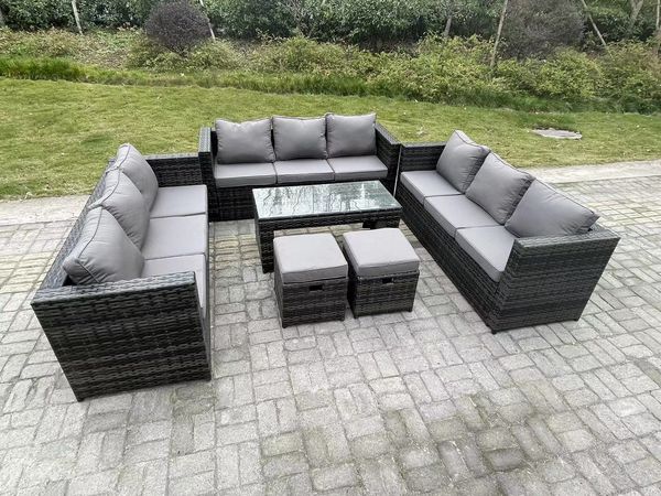 Fimous Rattan Garten Möbel Lounge Sofa Set im Freien mit länglichen rechteckigen Couchtisch 2 Hocker