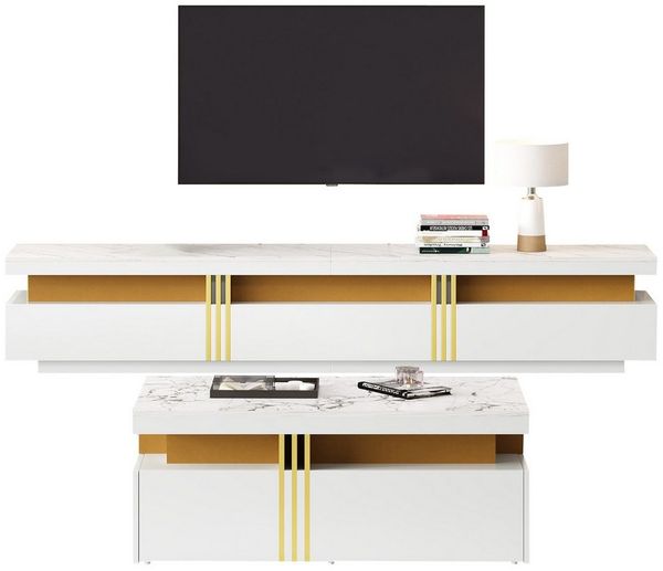IDEASY Wohnzimmer-Set (2 St) Wohnzimmer Möbel, Moderner Luxus TV- Schrank und Couchtisch-Set, Marmorfurnier, geeignet für TVs bis 90", 200x40x42 cm & 100x50x40 cm