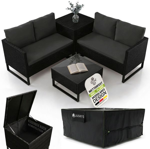Juskys Outdoor Polyrattan Lounge Santorini inkl. Abdeckung - Gartenlounge mit Beistelltisch & Auflagenbox - Gartenmöbel Set Rattan Sitzecke wetterfest - Schwarz