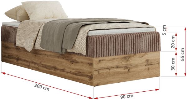 Boxspringbett, Einzelbett WOOD ZERO 90 x 200 cm, Hotelbett ohne Kopfteil, Bett mit Stauraum, 7-Zonen Multipocket-Matratze - Braun Cordstoff - H3 - Topper T25 Bild 6