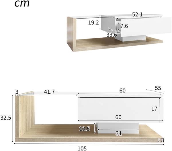Merax Couchtisch, Hochglanz-Weiß, Beistelltische, Couchtische mit Glas und LED-Effekt, Weiß und Holzfarbe Bild 4