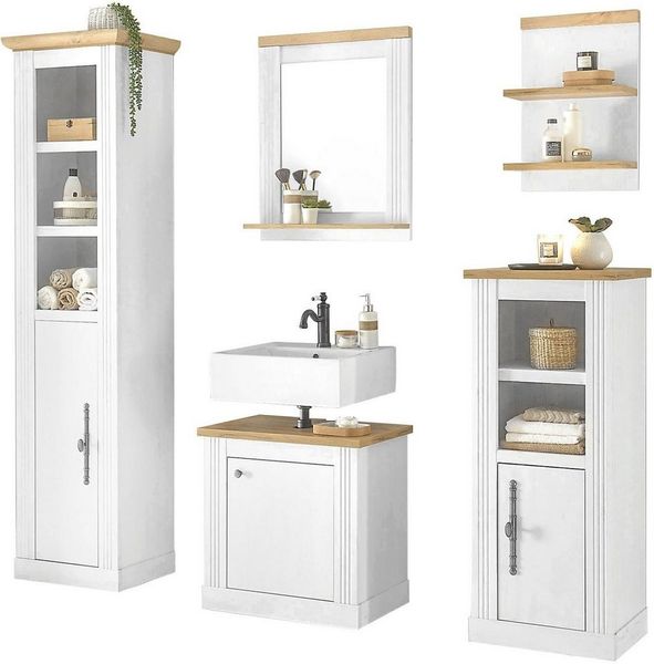 OTTO home Badmöbel-Set WESTMINSTER, Bad im Landhausstil, 5-teiliges Badezimmer, (5-St), Unterschrank, Spiegel, Midischrank, Regal, Hochschrank, Breite 200 cm