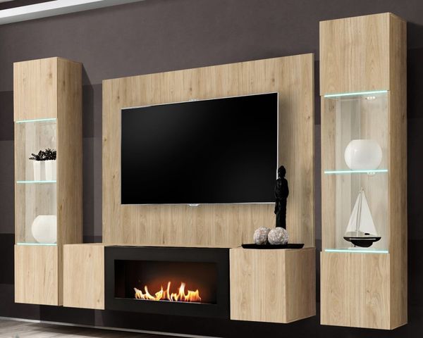 Wohnwand Option in Eiche mit Kamin und LED 260 cm