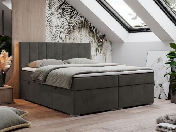 Boxspringbett, Matratze und Topper, zwei Bettkästen - LOPE - 200x200cm - Dunkelgrau Velours - H4