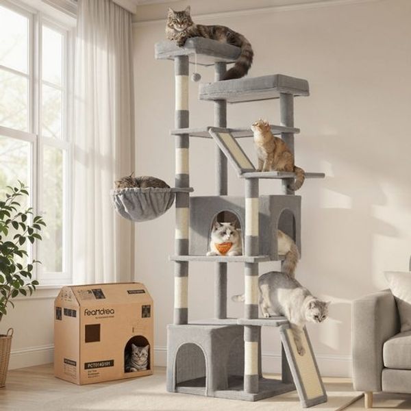 FEANDREA Kletterbaum für Katzen, extra groß, stabiler Katzenkratzbaum mit Kratzsäulen, Plüsch, für große Katzen, taubengrau