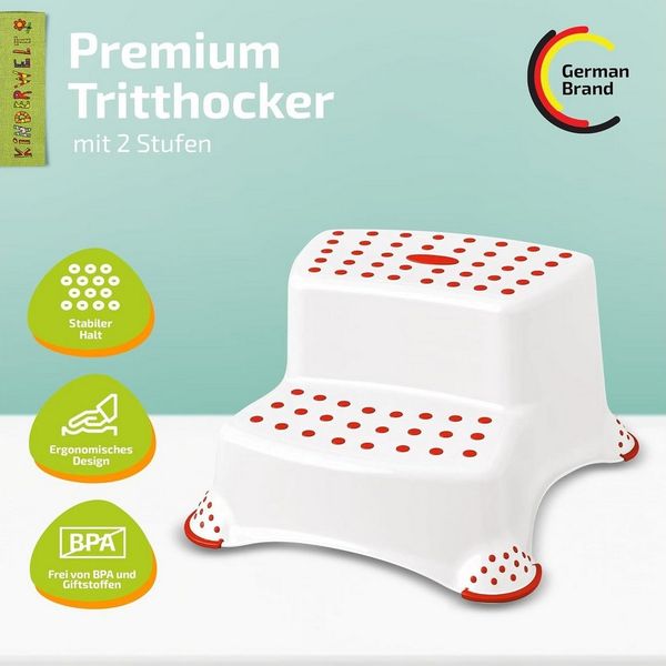 KiNDERWELT Tritthocker Premium zweistufiger Tritthocker weiß/rot stabiler Hocker