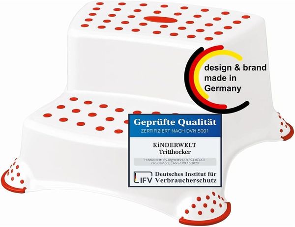 KiNDERWELT Tritthocker Premium zweistufiger Tritthocker weiß/rot stabiler Hocker