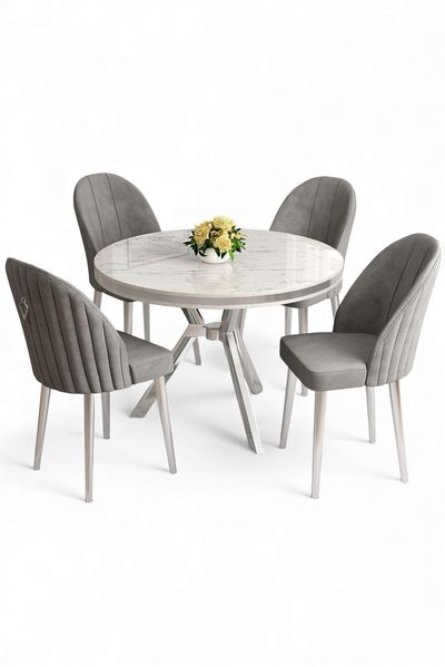 Modernes 5-teiliges Esszimmer-Set mit Tisch und Stühlen, weißer Marmor und Chrom, Metallbeine, Babyface-Stoffbezug, Elegantes Design