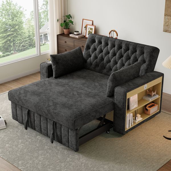 Multifunktionales Schlafsofa, modernes Klappsofa mit Stauraum und Schlaffunktion, Getränkehalter, USB-Ladeanschluss und Kissen, platzsparende Couch für Wohnzimmer, Grau