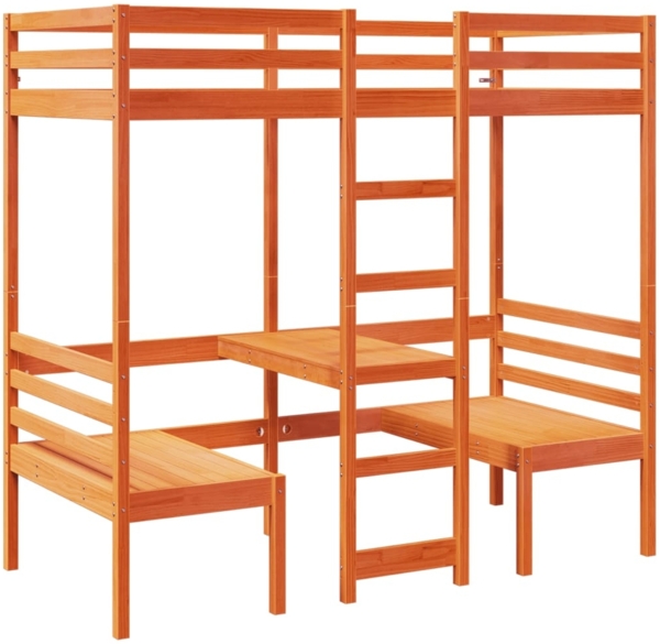 vidaXL Hochbett mit Schreibtisch & Stühlen Braun 75x190 cm Kiefernholz 3308564