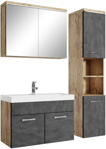 Badplaats Badmöbel Komplettset Paso LED 80x40 cm Kastanien Eiche mit Dunkel Grau - Badezimmermöbel mit Waschbecken, Spiegelschrank und Badezimmerschrank