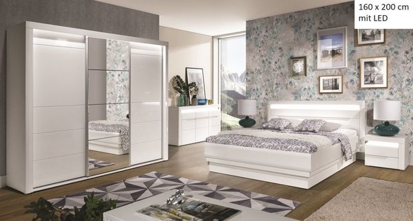 QMM TraumMöbel Schlafzimmer-Set Schlafzimmer komplett Iris Set C 160x200 / 180x200 LED, (Set, 4-tlg, Schiebetürschrank mit LED, Doppelbett 160/180x200, 2 Nachttische), mit LED-Beleuchtung
