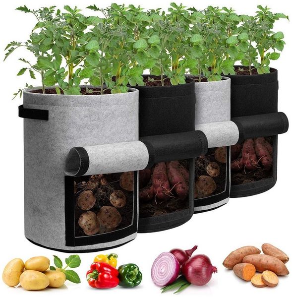 Sunicol Pflanzkübel Pflanzsäcke Kartoffeln aus Vlies Stoff, Doppelseitiges Klettfenster (5 St), 5-10 Gallonen, mit Starken Griffen, für Tomaten,Kartoffeln, Pflanzen