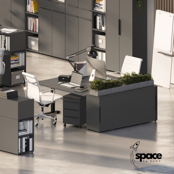 bümö Space Sideboard weiss mit Schiebetüren, Aktenschrank Holz 160 cm breit - Büro Schrank mit Schiebetür, Büroschrank schmal für die Dachschräge - Kommode für Ordner, SPCSS1OH-84 Bild 5