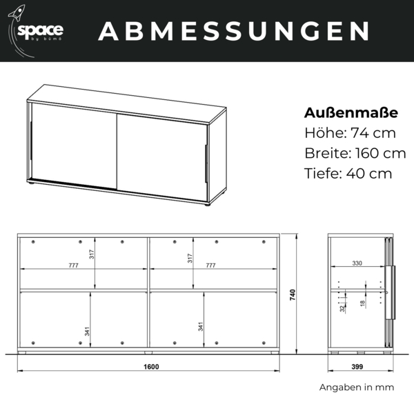 bümö Space Sideboard weiss mit Schiebetüren, Aktenschrank Holz 160 cm breit - Büro Schrank mit Schiebetür, Büroschrank schmal für die Dachschräge - Kommode für Ordner, SPCSS1OH-84 Bild 7