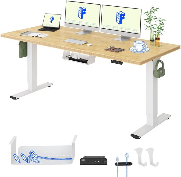 FLEXISPOT Höhenverstellbarer Schreibtisch mit 2 Motoren und einteiliger Tischplatte – Ergonomischer Bürotisch, 180x80 cm, Bambus-Tischplatte (19 mm), weißes Gestell