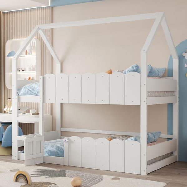 Weißes Haus Hochbett 90x200 Mit Spielbereich Und Klapptür Massivholz Metall 120kg Tragkraft Kinderzimmer Sicherheitsbett
