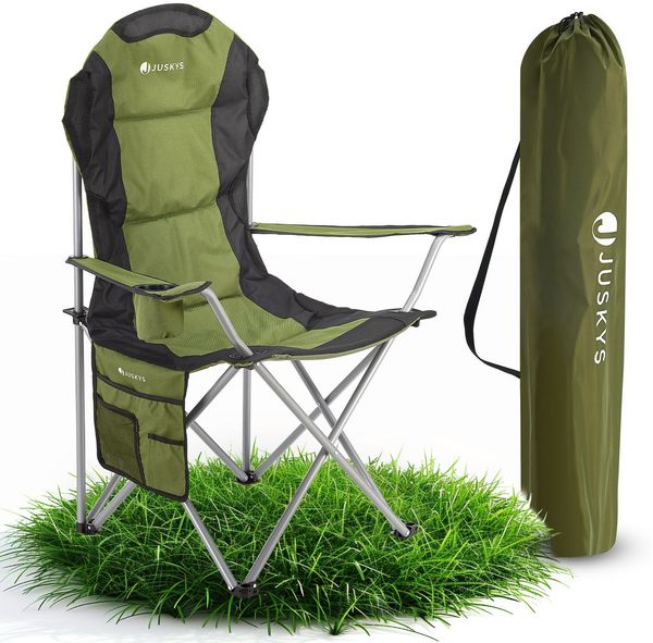 Juskys Campingstuhl Lido mit Getränkehalter & Tasche - Camping Klappstuhl gepolstert - Faltstuhl Angelstuhl Strandstuhl Chair - Stuhl Grün