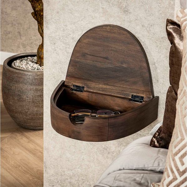 LEVEN Lifestyle Nachttisch 2´er Set braun halbrund mit 1 Schublade Wandmontage schwebend (2´er Set), platzsparend da Wandmontage