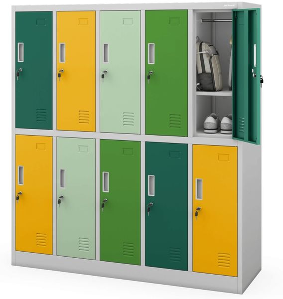 Umkleideschrank Spind BARTUS - 10 Abteile, Etikettenhalter Lüftungsschlitze | Umkleidespind Schließfachschrank Garderobenspind, 150x136x45cm Grün-Gelb