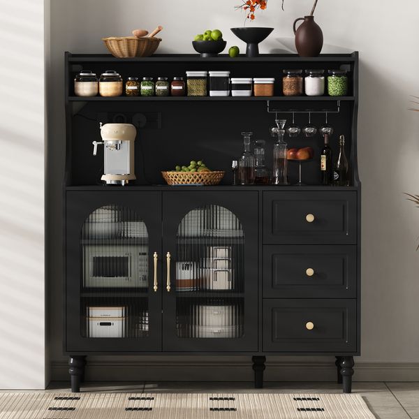 Hochschrank B 120 x T 40 x H 138,5 cm aus MDF in Schwarz mit 3 Schubladen, Fluted-Glas und Steckdose