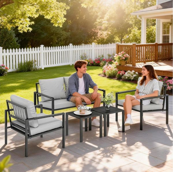 Outsunny Sitzgruppe mit 2er Sofa, Sessel, Sitzkissen, Beistelltisch, (Sitzgruppe, 5-tlg, Balkonmöbel-Set), für Garten Terrasse Balkon Hellgrau