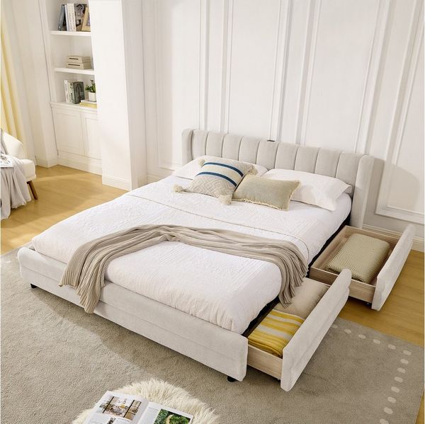 MODFU Polsterbett Praktisches Bett mit umfassendem Stauraum-System,Schubladen (Packung, 1-tlg, 160x200 cm, seitliche Aufbewahrungsfächer & Ladestation), für mehr Ordnung und Komfort in jedem Schlafraum(ohne Matratze)