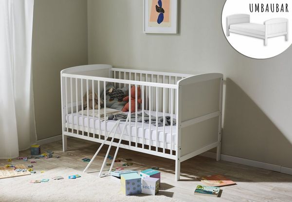 Babybett Kinderbett 70x140 Umbaubares Gitterbett höhenverstellbar & herausnehmbare Sprossen optional mit Matratze | Weiss Vollholz Kiefer Made in Europe