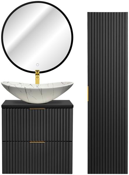 Badezimmer Möbel Set mit Hochschrank, LED Spiegel und Keramik Waschbecken, matt schwarz gerillt, ADELAIDE-56-BLACK, B/H/T ca. 130/200/46,5 cm