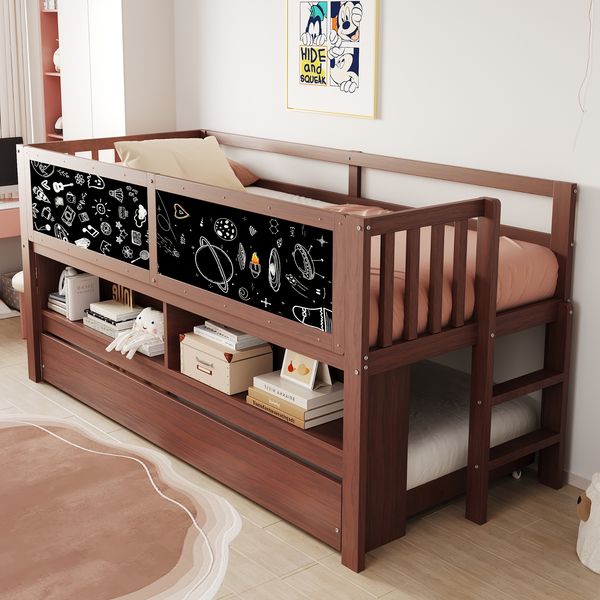Kinderbett 90x200 cm mit Ausziehbett, Tafelseiten und offenem Stauraum, Kiefernholz, durchgehender Rausfallschutz,braun