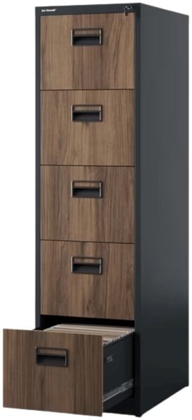 Hängeregisterschrank abschließbar SARA - 5 Schubladen mit Schloss | Aktenschrank Büroschrank aus Stahl Metallschrank, 163x46x62cm Anthrazit-Nussbaum
