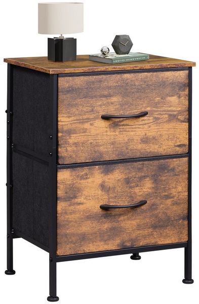 WLIVE Kommode Nachttisch mit 2 Stoffschubladen, 40×30×63 cm, Braun/Schwarz/Weiß (1 St), Beistelltisch mit Metallrahmen & Holzplatte, verstellbare Füße