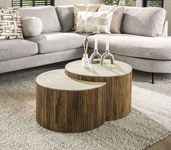 LEVEN Lifestyle Couchtisch 2´er Set Couchtisch rund ZEN STONE Travertin natur (2´er Set), Tischplatte ist aus hochwertiger Keramik in Travertin-Optik gefertigt