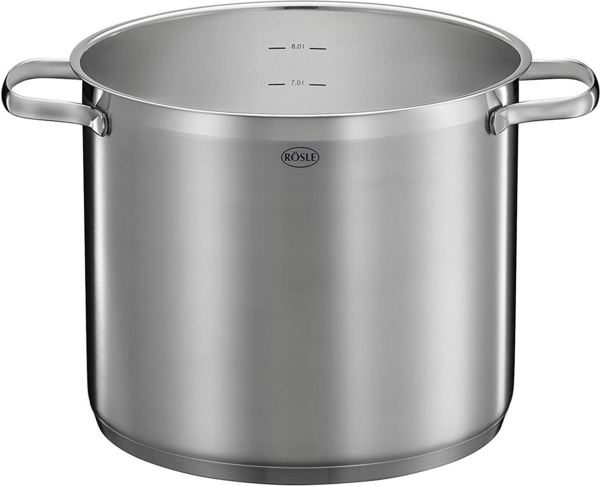 RÖSLE ELEGANCE Gemüse/Partytopf, Hochwertiger Edelstahltopf zum Kochen großer Mengen, 8 Liter, Edelstahl 18/10, Innenskalierung, Induktionsgeeignet, Spülmaschinengeeignet, 33x25. 5x28 cm