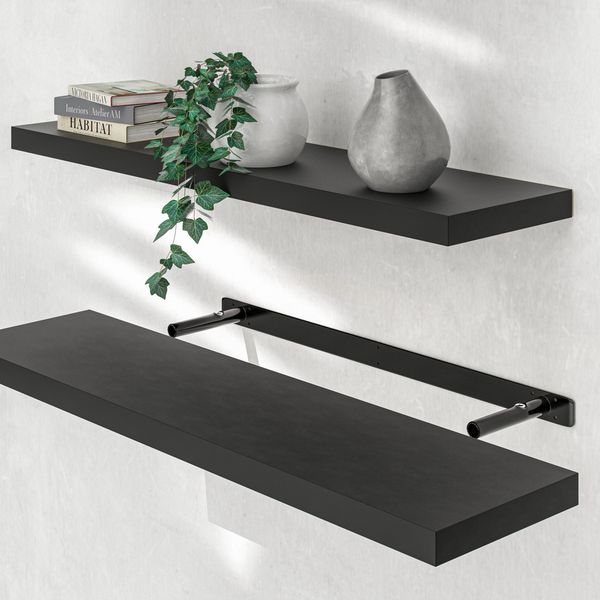 Casaria Wandregal mit Halterung, MDF, Schwarz / Matt, 90 x 23 x 3,8cm