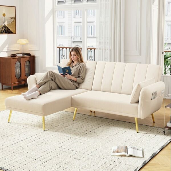 Merax Schlafsofa L-Form Klappsofa Samt Schlafsofa Ecksofa mit Schlaffunktion, 2–3 Sitzplätze, Metall-Rohrfüße 1 Teile, 3-Sitzer-Sofa mit verstellbarer Rückenlehne und Aufbewahrungstaschen