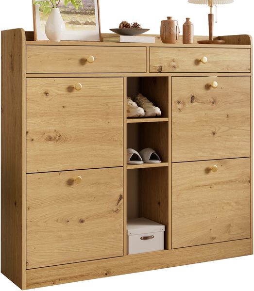 Edler holzfarbener Schuhschrank mit 4 Klapptüren, 2 Schubladen, 3 offenen Fächern - perfekt für moderne Flure und Eingangsbereiche, Maße 110 x 26 x 100 cm
