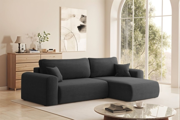 Ecksofa Schlafsofa FLORA Stoff Poso Schwarz Ottomane Rechts