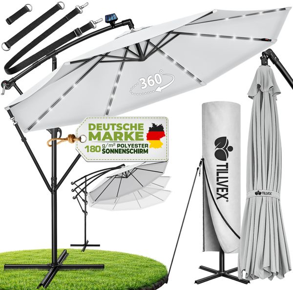 tillvex Alu Ampelschirm Grau LED Solar Ø 300 cm mit Kurbel | Sonnenschirm mit An-/Ausschalter | Gartenschirm UV-Schutz Aluminium | Kurbelschirm mit Ständer Marktschirm wasserdicht