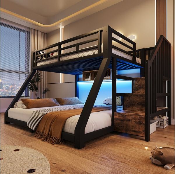 Flieks Etagenbett, Kinderbett Metallbett 90x200/140x200cm mit Lichtleiste Stauraumtreppe