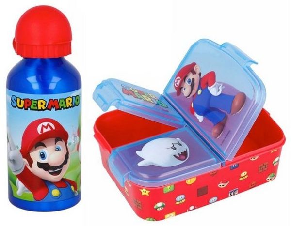 Super Mario Alu-Trinkflasche Sportflasche + Premium Brotdose Lunchbox Lunch-Set
