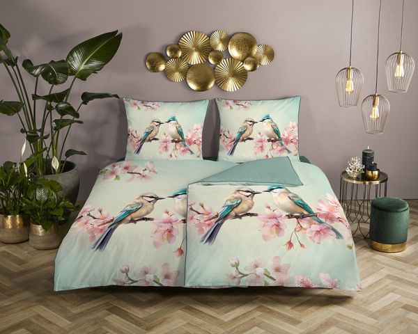 Descanso Wendebettwäsche Minne, Mako-Satin, Renforcé, Satin, 2 teilig, Satin, Reißverschluss, Paspel, Biese, Wendeoptik, Luxe, Vogel, Mint