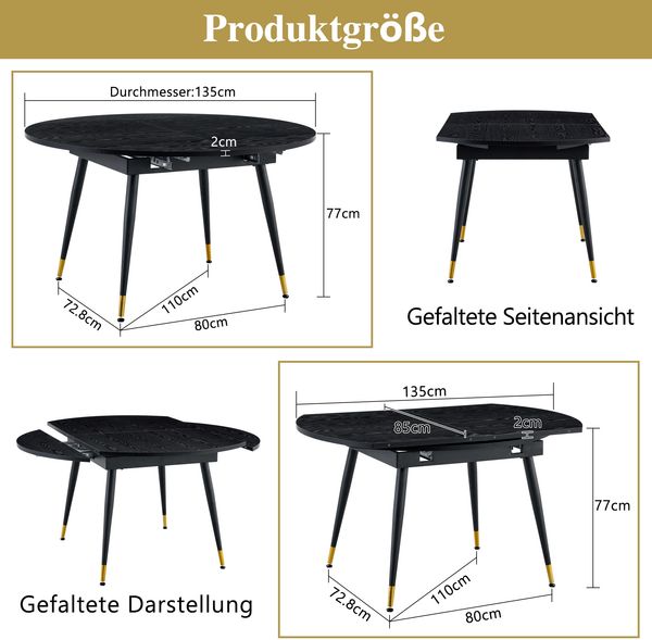Moderner Ausziehbarer Esstisch, Verwandelt sich von Rund zu Oval, MDF-Platte in Schwarz/Nussbaum mit Gold-Akzenten, Stabile Metallbeine, Platzsparend für Küche & Esszimmer Bild 4