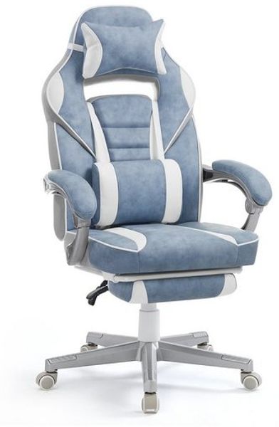Songmics Bürostuhl, Schreibtischstuhl, ausziehbare Fußstütze, Kopfkissen, Lendenkissen, höhenverstellbar, ergonomisch, neigbare Rückenlehne, bis 150 kg belastbar, seeblau-cremeweiß