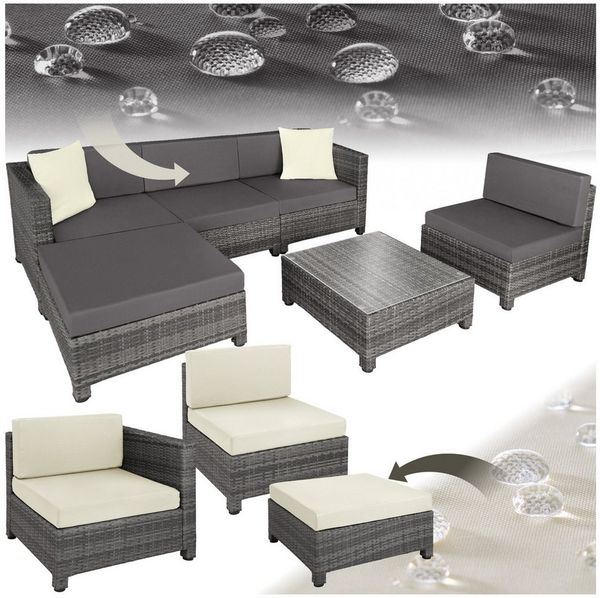 tectake Loungeset Rattan Lounge, (Set, 6-tlg), Weiche Sitzpolster, 10 cm dick, abnehmbar, hoher Komfort